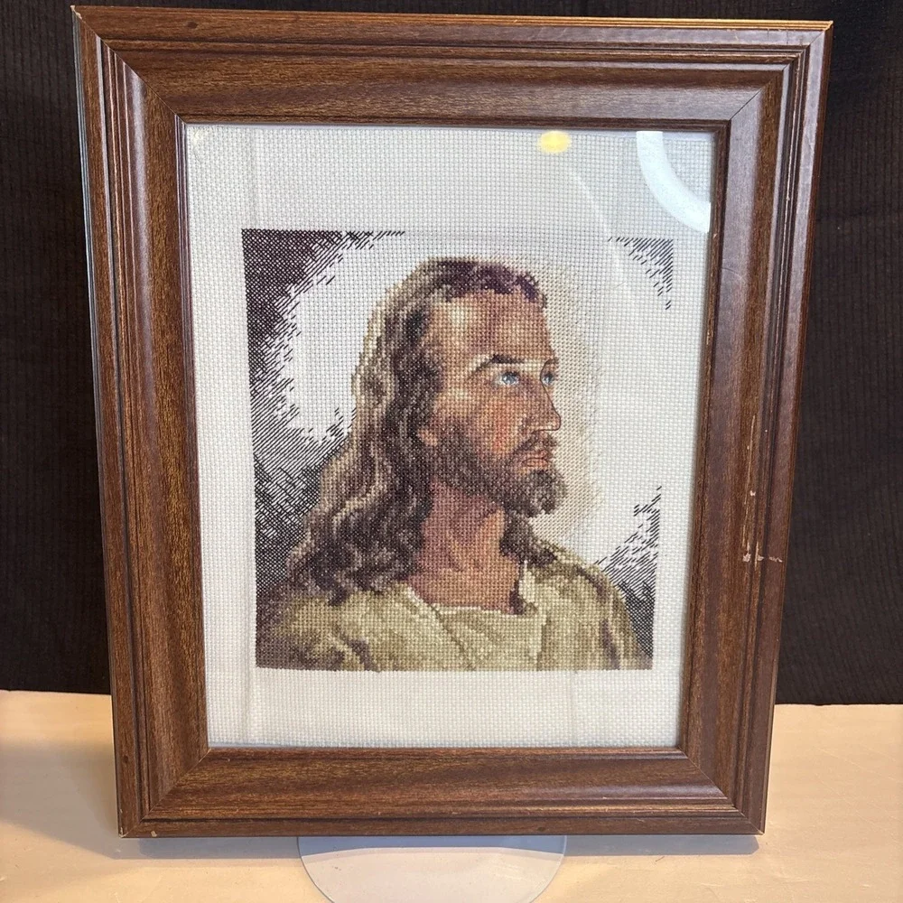 Handmade Cross Stitch Jesus Christ Savior Religious Embroidery Framed Wall Art